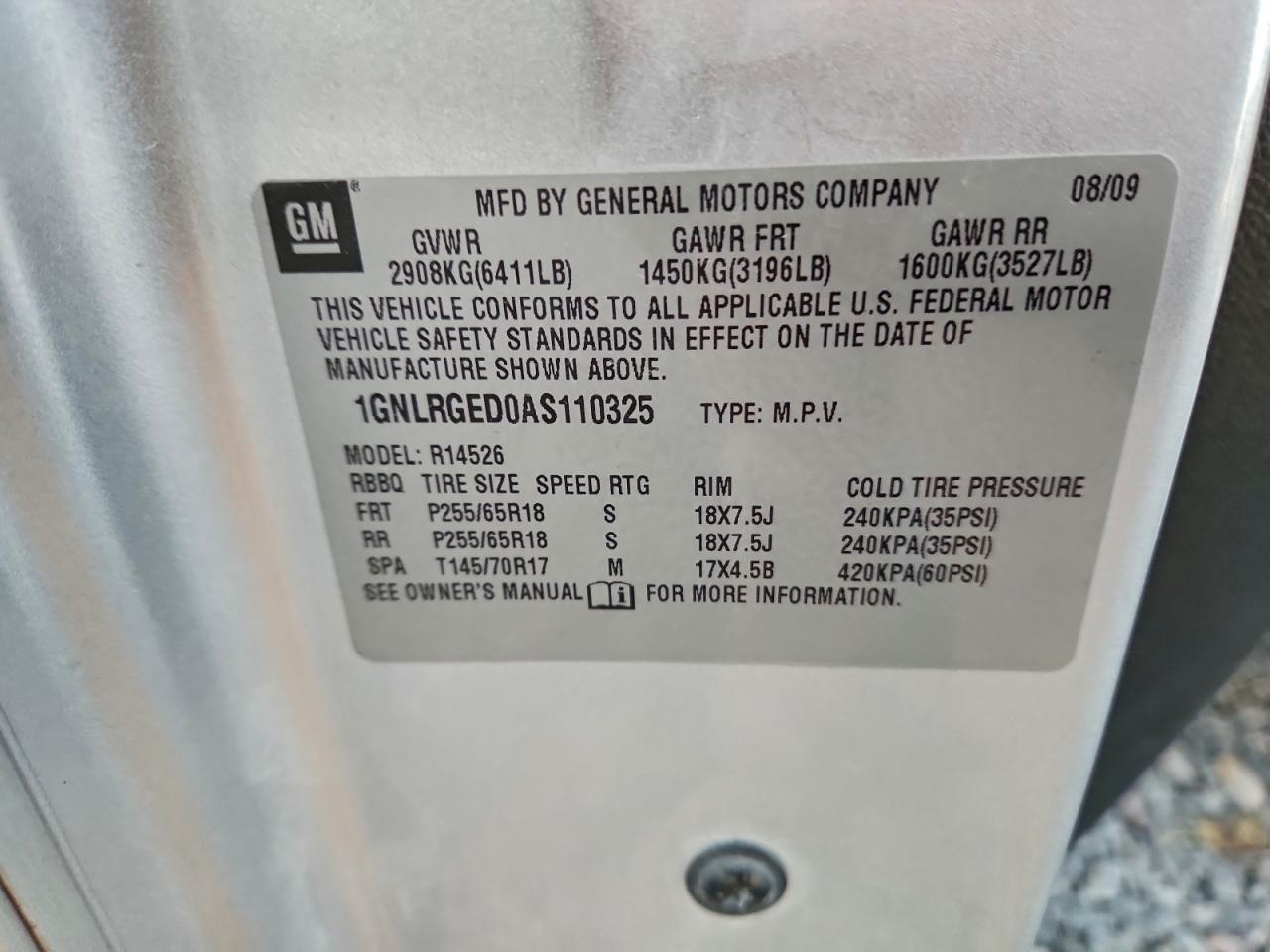 2010 Chevrolet Traverse Lt VIN: 1GNLRGED0AS110325 Lot: 94394415