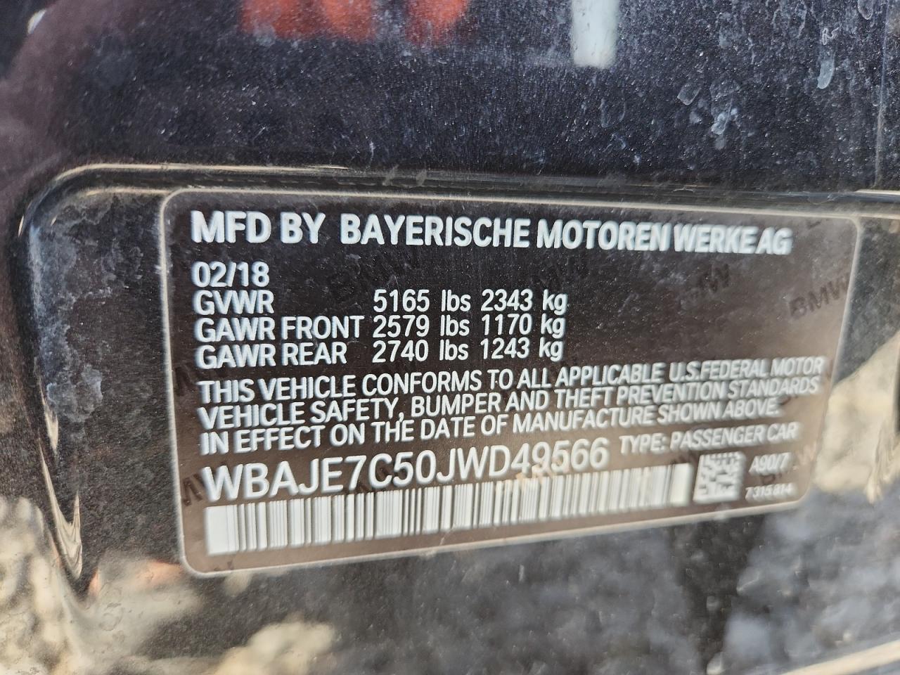 2018 BMW 540 Xi VIN: WBAJE7C50JWD49566 Lot: 92245375