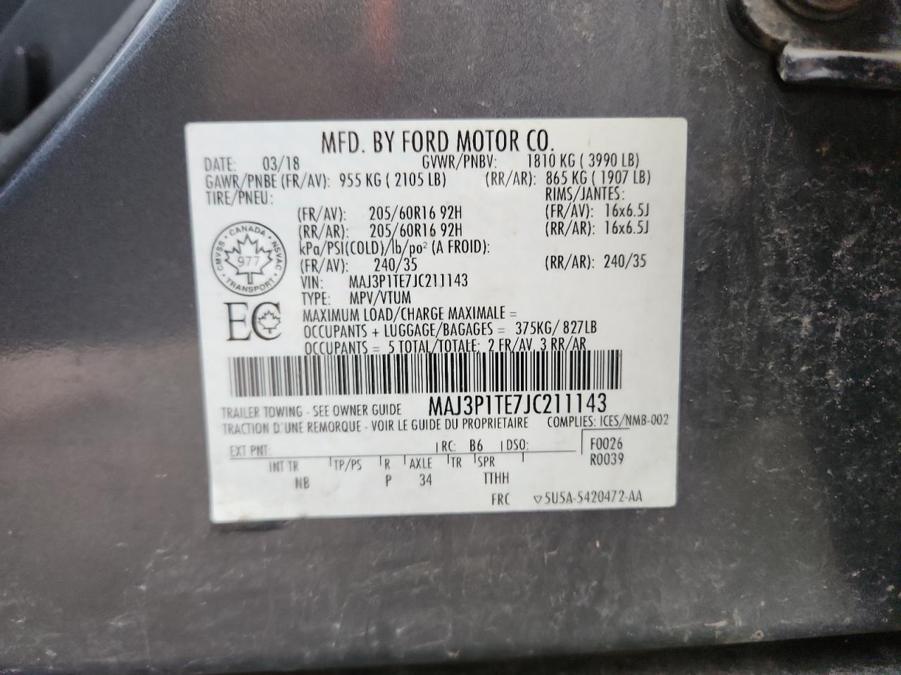 2018 Ford Ecosport Se VIN: MAJ3P1TE7JC211143 Lot: 92899965