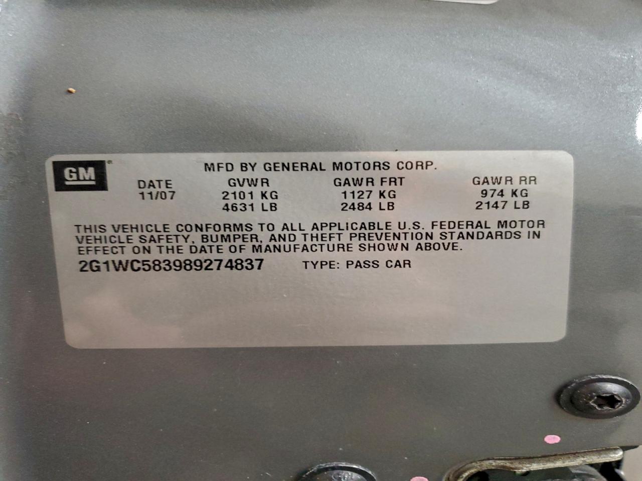 2008 Chevrolet Impala Lt VIN: 2G1WC583989274837 Lot: 93737915