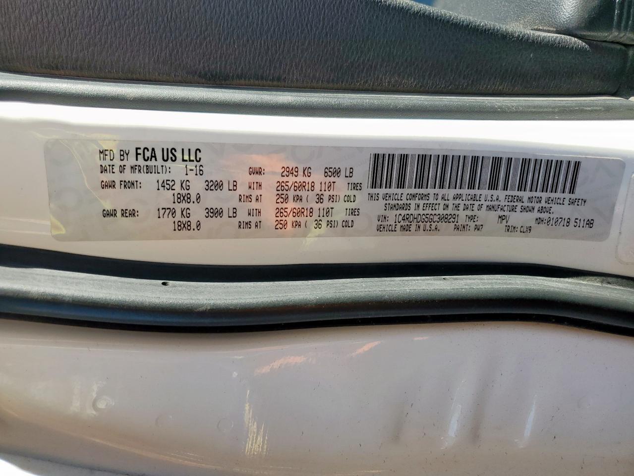 2016 Dodge Durango Limited VIN: 1C4RDHDG5GC308291 Lot: 91302635