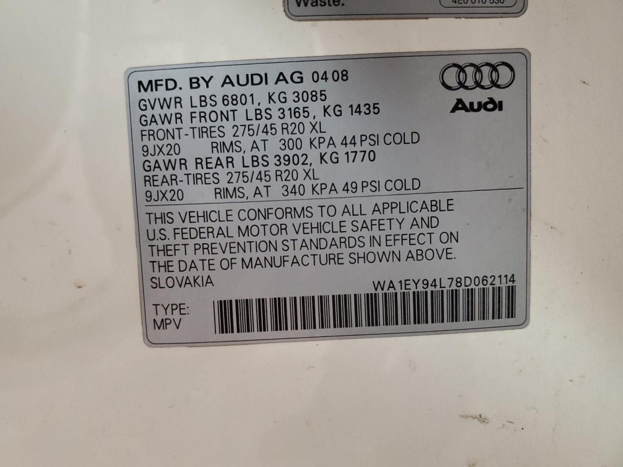 2008 Audi Q7 3.6 Quattro Premium S-Line VIN: WA1EY94L78D062114 Lot: 91779085