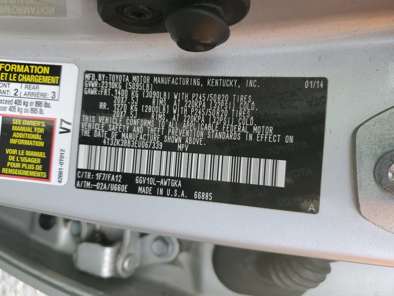 2014 Toyota Venza Le VIN: 4T3ZK3BB3EU067339 Lot: 92427295