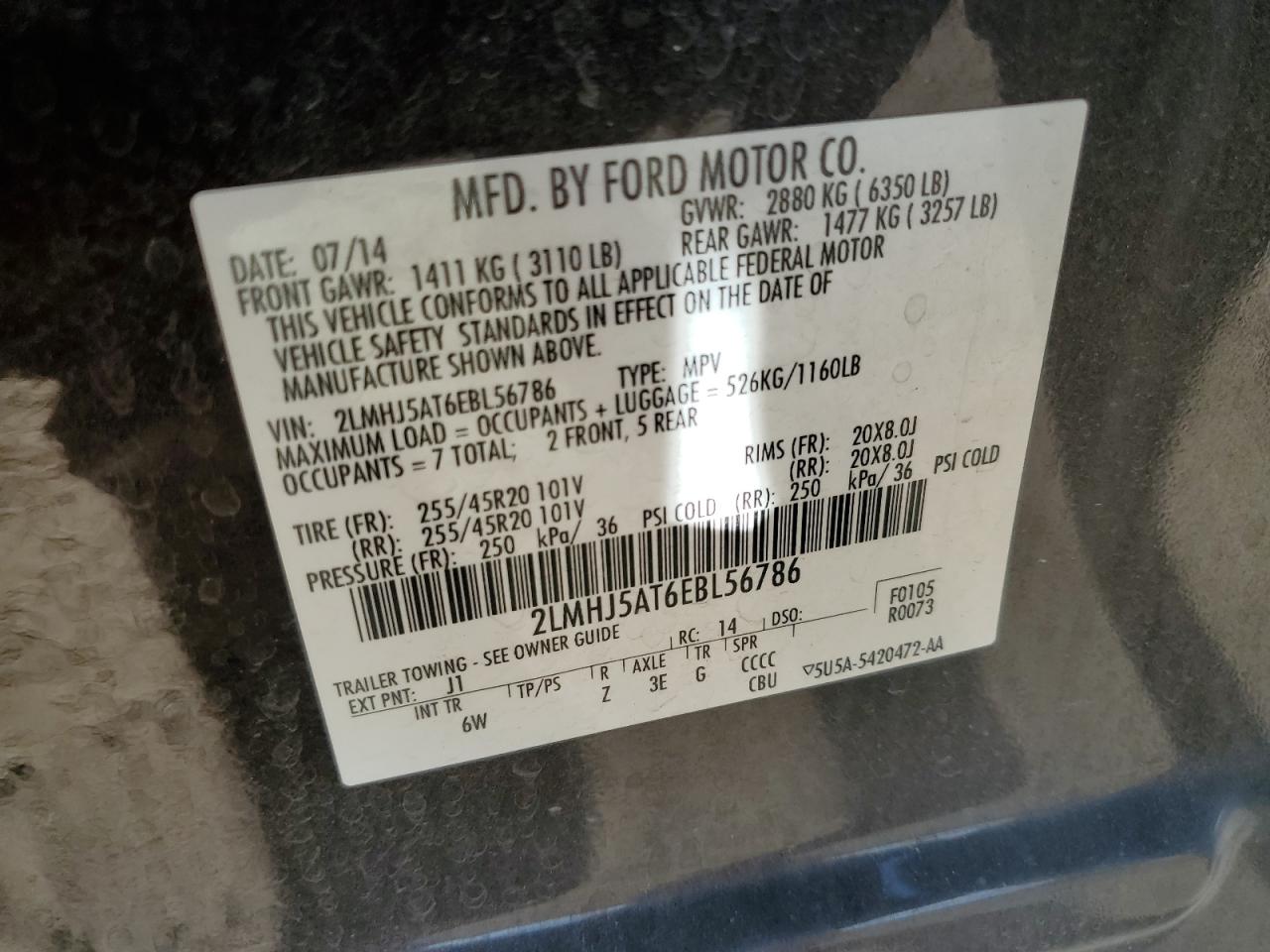 2014 Lincoln Mkt VIN: 2LMHJ5AT6EBL56786 Lot: 93182155