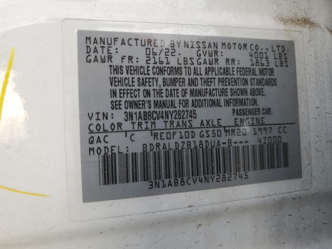 2022 Nissan Sentra Sv VIN: 3N1AB8CV4NY282745 Lot: 91847615