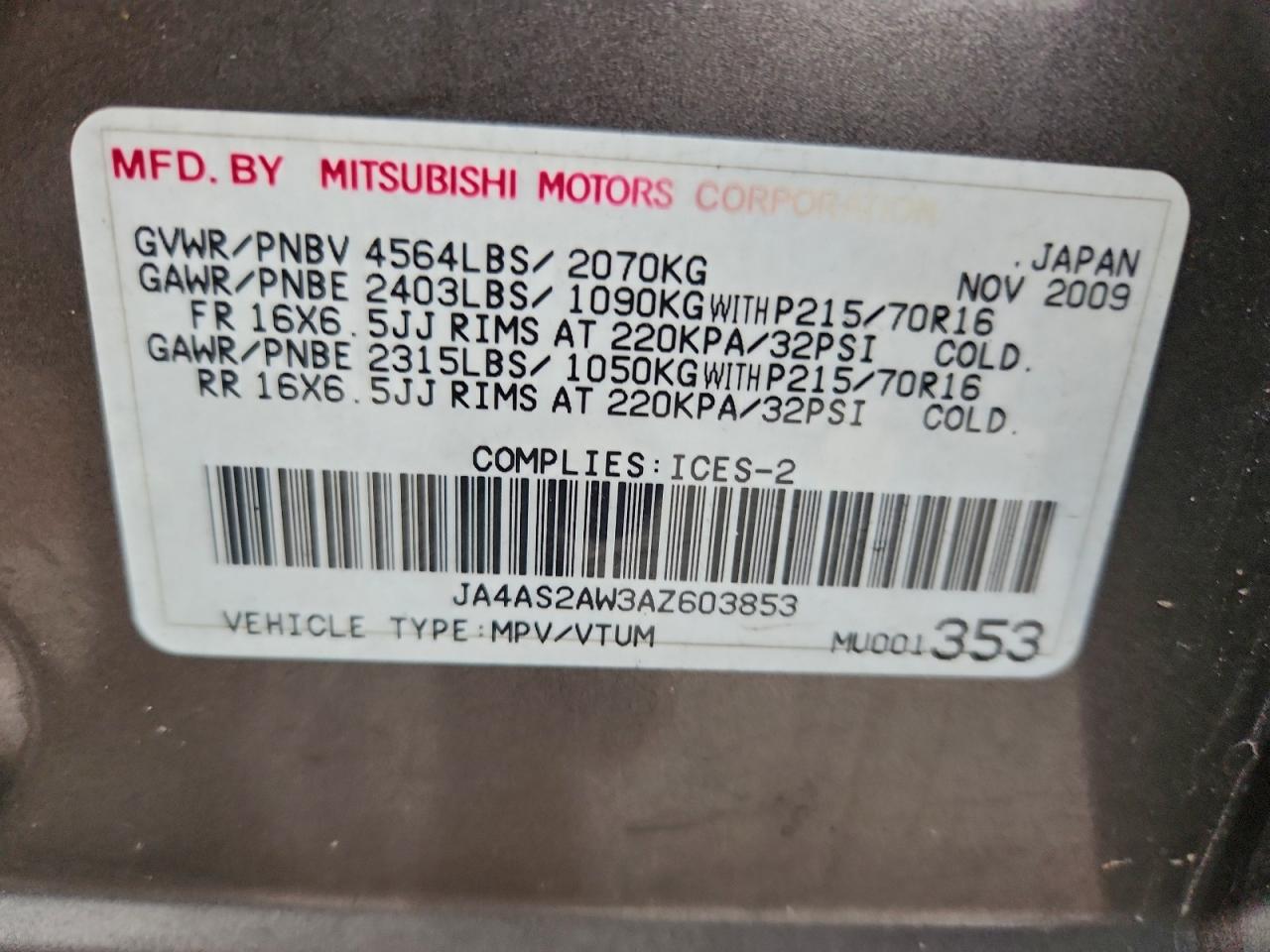 2010 Mitsubishi Outlander Es VIN: JA4AS2AW3AZ603853 Lot: 94452535