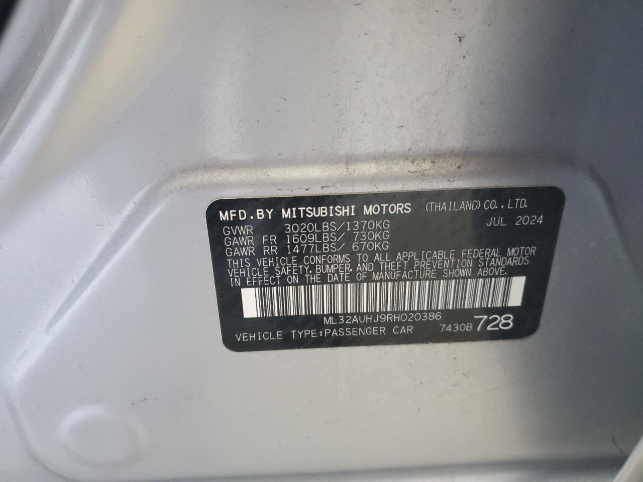 2024 Mitsubishi Mirage Es VIN: ML32AUHJ9RH020386 Lot: 92506645