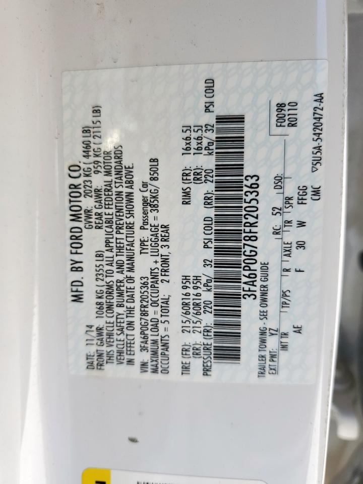 2015 Ford Fusion S VIN: 3FA6P0G78FR205363 Lot: 92175355