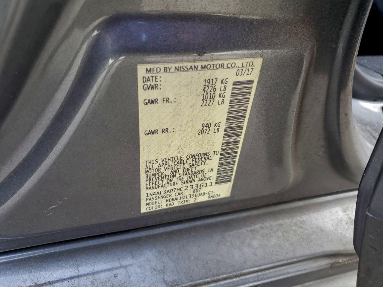 2017 Nissan Altima 2.5 VIN: 1N4AL3AP7HC233611 Lot: 94492415