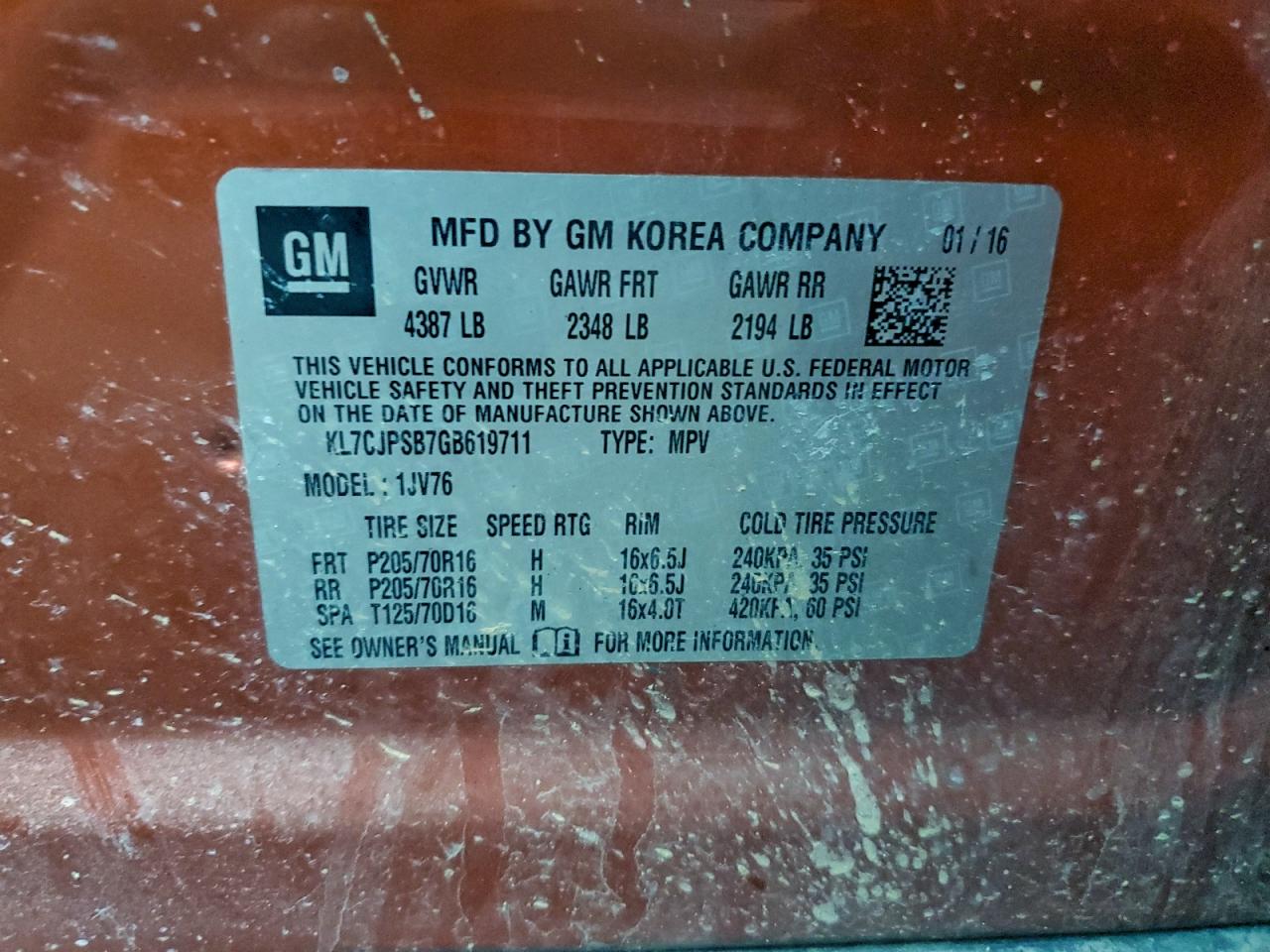 2016 Chevrolet Trax 1Lt VIN: KL7CJPSB7GB619711 Lot: 93920125