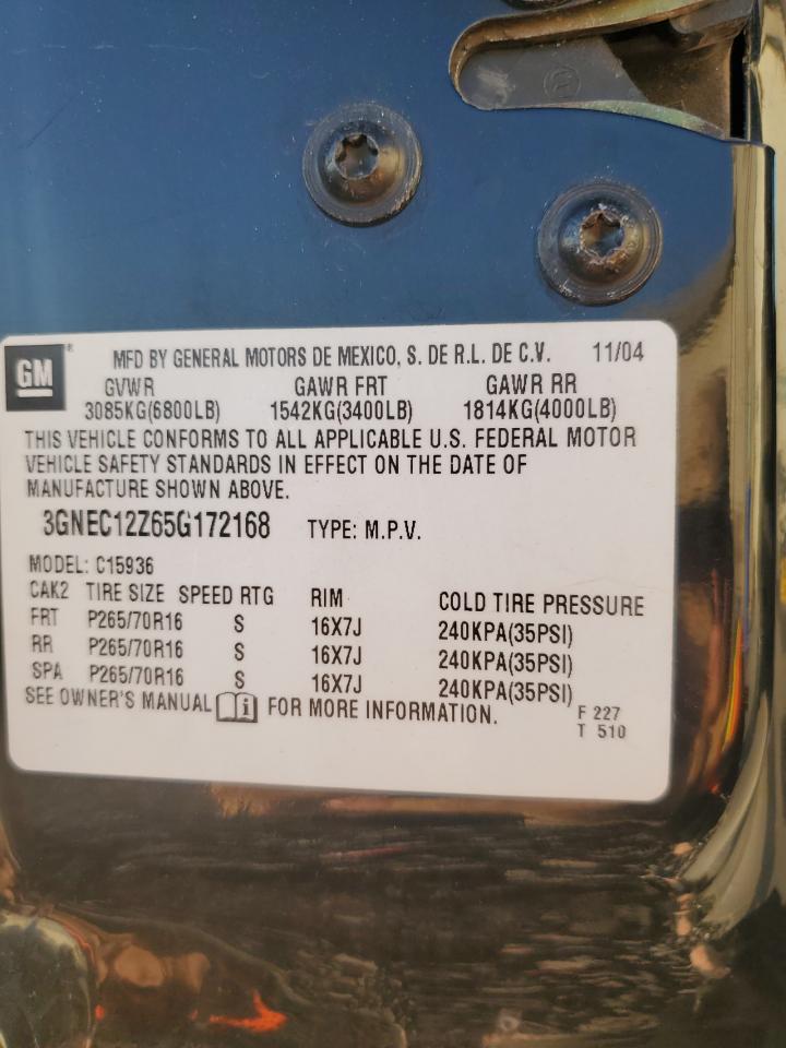 2005 Chevrolet Avalanche C1500 VIN: 3GNEC12Z65G172168 Lot: 90460055