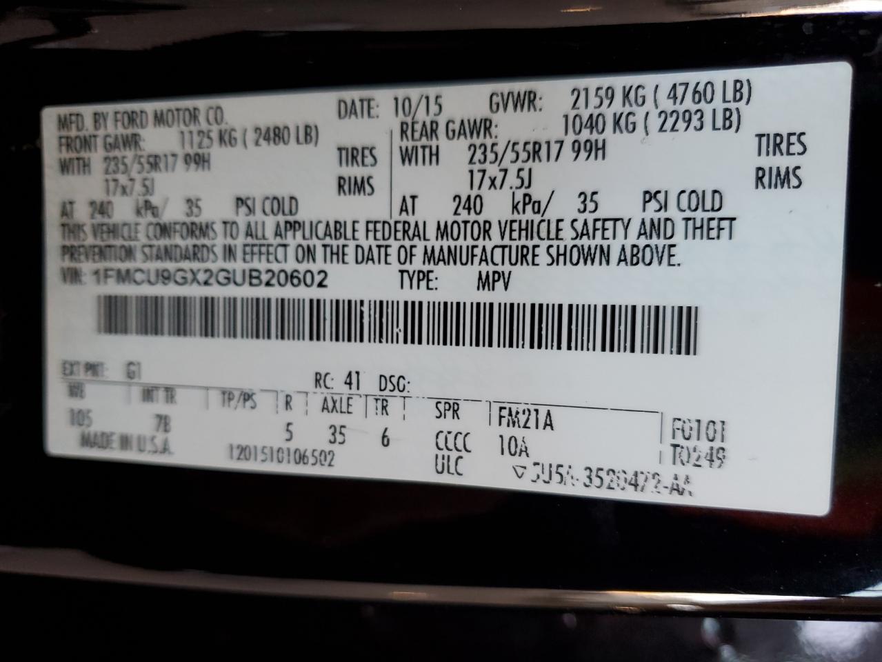 2016 Ford Escape Se VIN: 1FMCU9GX2GUB20602 Lot: 93003995