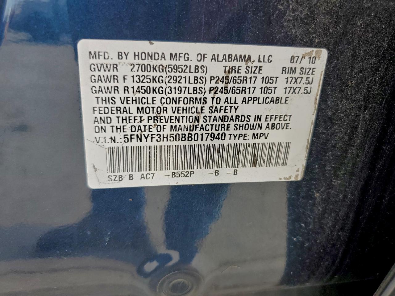 2011 Honda Pilot Exl VIN: 5FNYF3H50BB017940 Lot: 94120365