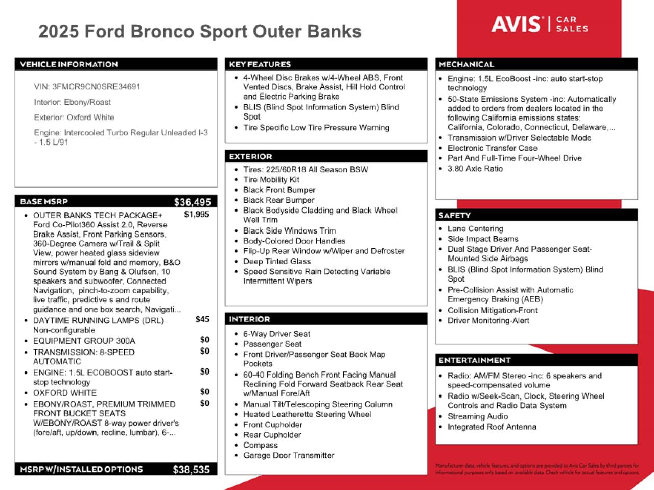 2025 Ford Bronco Sport Outer Banks VIN: 3FMCR9CN0SRE34691 Lot: 93049335