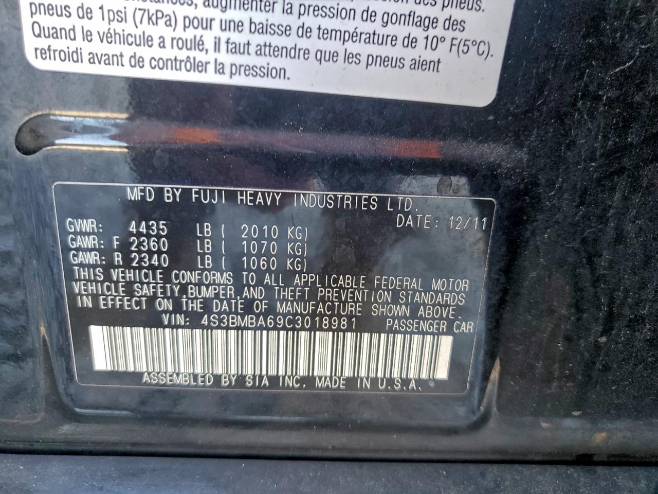 2012 Subaru Legacy 2.5I VIN: 4S3BMBA69C3018981 Lot: 94068665