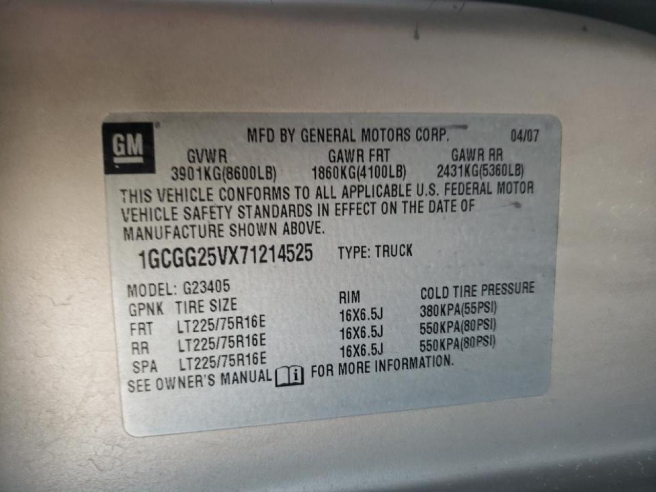 2007 Chevrolet Express Delivery Van VIN: 1GCGG25VX71214525 Lot: 93114395