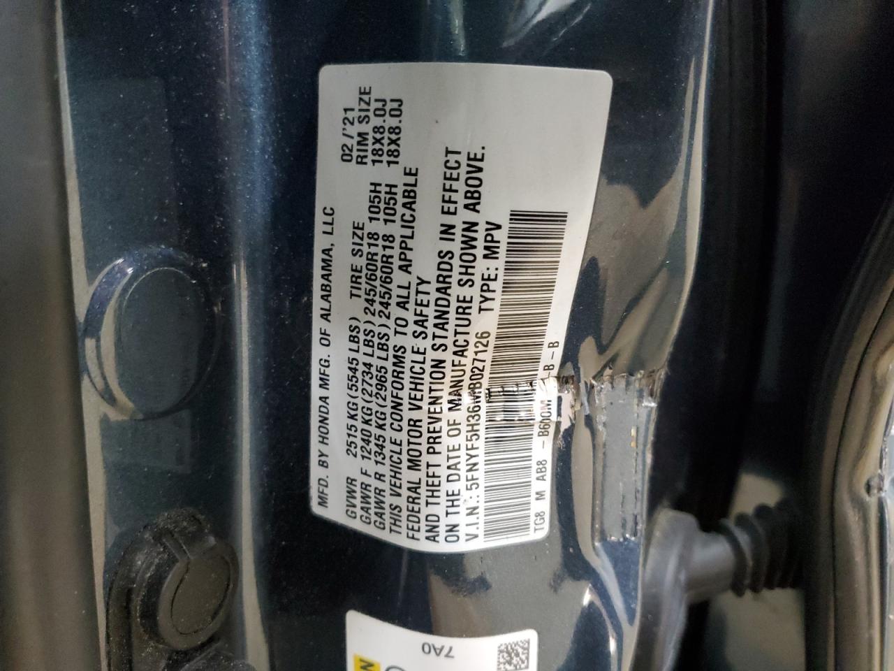 2021 Honda Pilot Ex VIN: 5FNYF5H36MB027126 Lot: 92627405