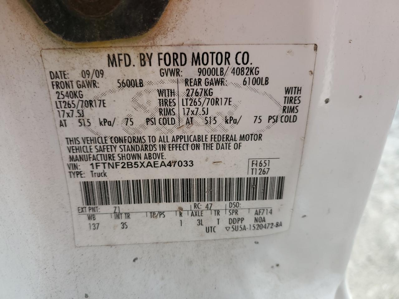 2010 Ford F250 Super Duty VIN: 1FTNF2B5XAEA47033 Lot: 92246265