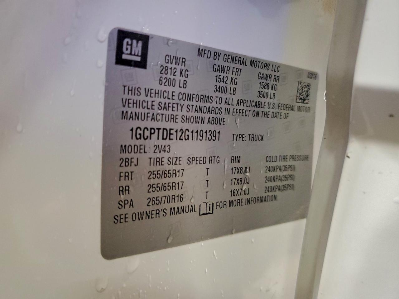 2016 Chevrolet Colorado Z71 VIN: 1GCPTDE12G1191391 Lot: 94167025