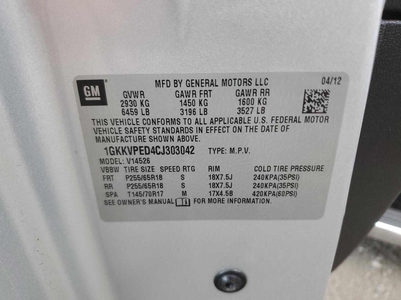 2012 GMC Acadia Sle VIN: 1GKKVPED4CJ303042 Lot: 93446875