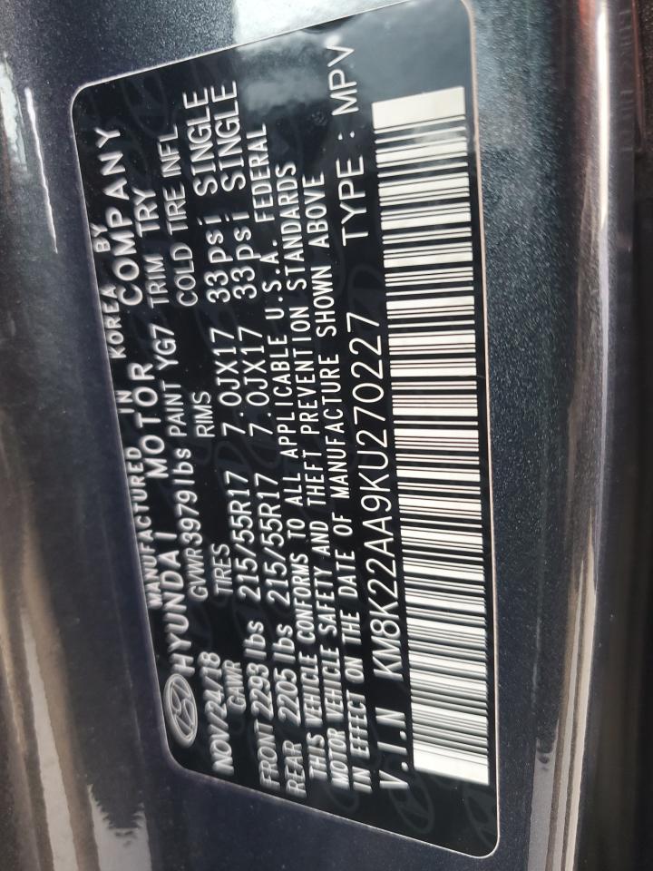 2019 Hyundai Kona Sel VIN: KM8K22AA9KU270227 Lot: 93783925