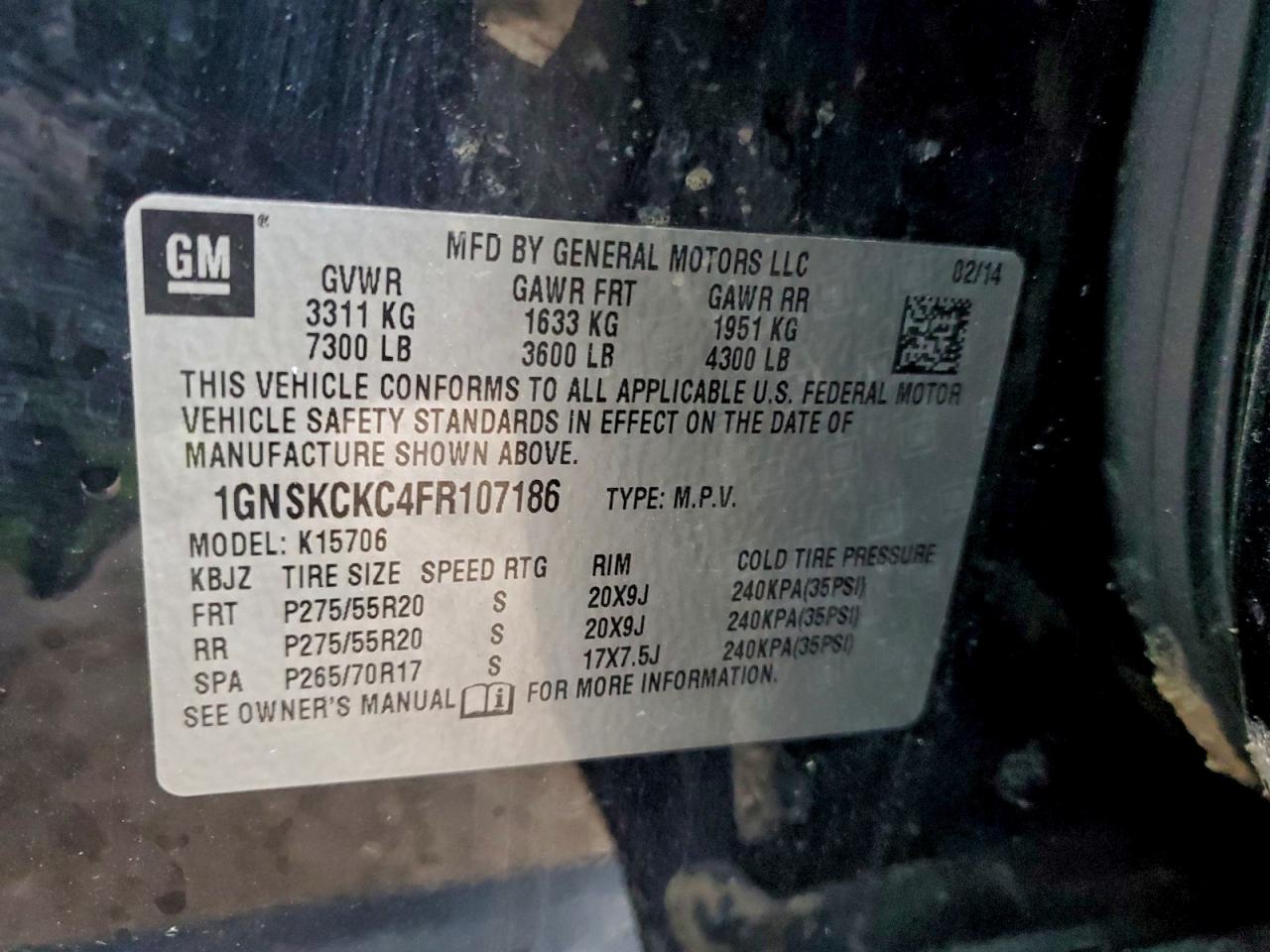 2015 Chevrolet Tahoe K1500 Ltz VIN: 1GNSKCKC4FR107186 Lot: 94142935