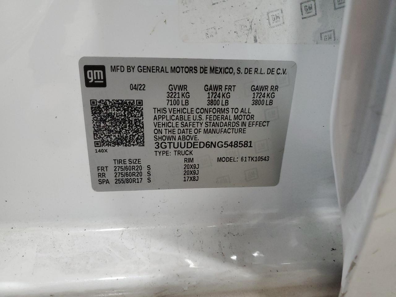 2022 GMC Sierra K1500 Slt VIN: 3GTUUDED6NG548581 Lot: 92926245