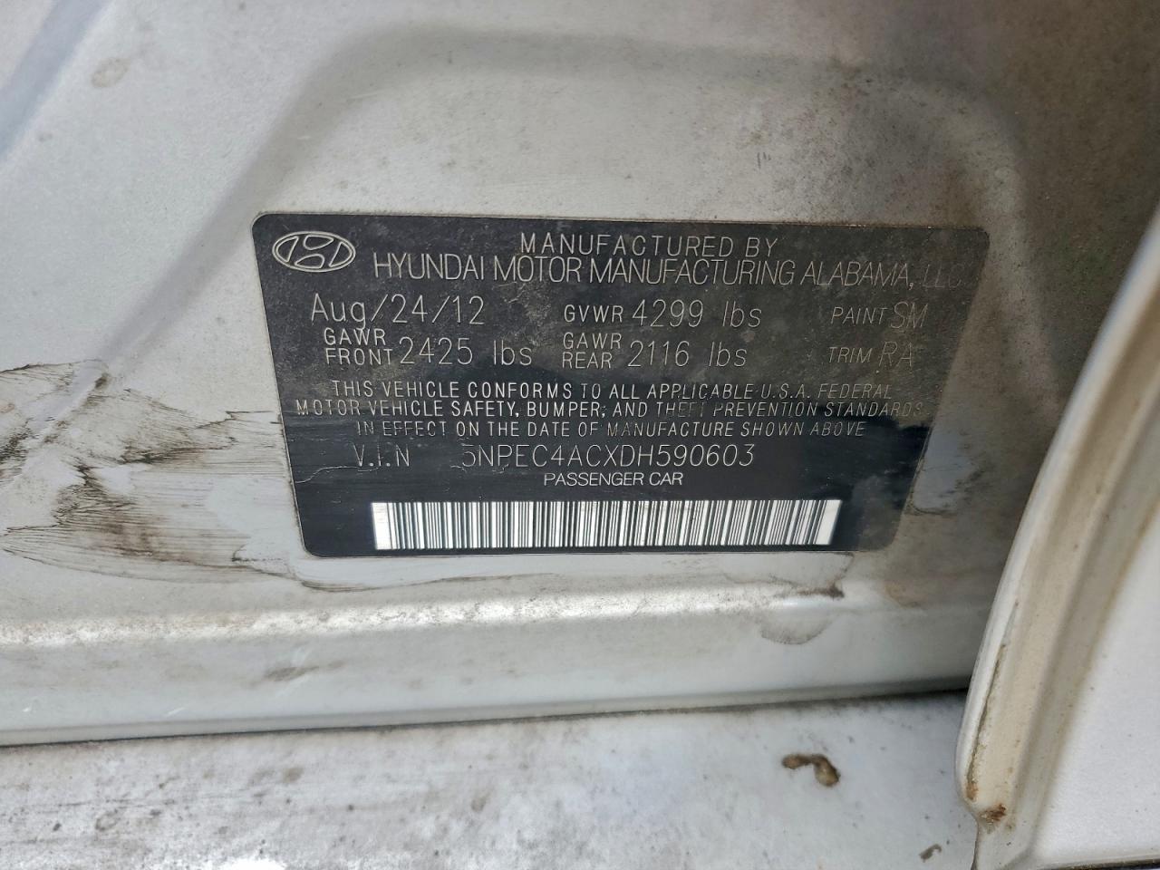 2013 Hyundai Sonata Se VIN: 5NPEC4ACXDH590603 Lot: 94157275