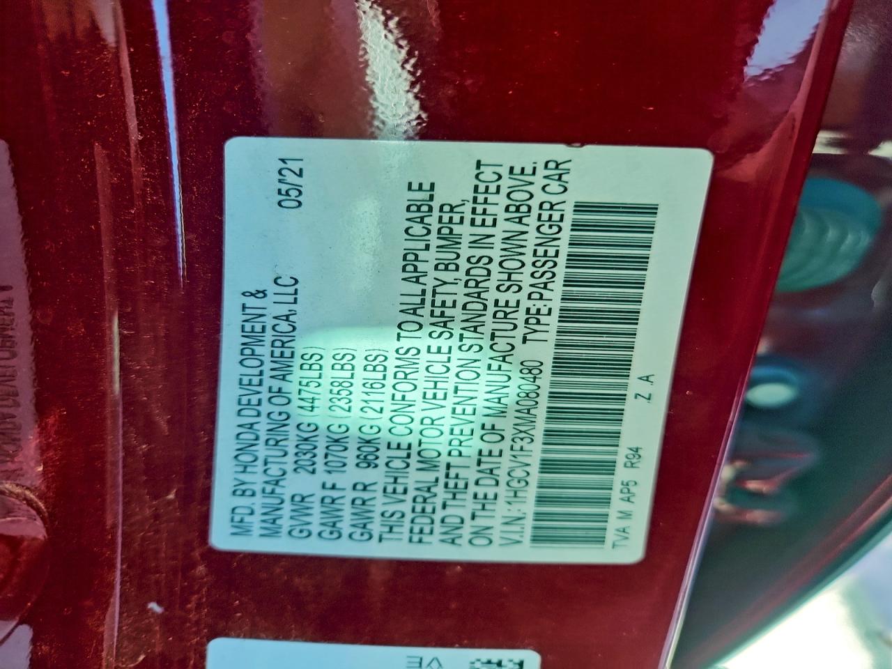 2021 Honda Accord Sport VIN: 1HGCV1F3XMA080480 Lot: 94572585