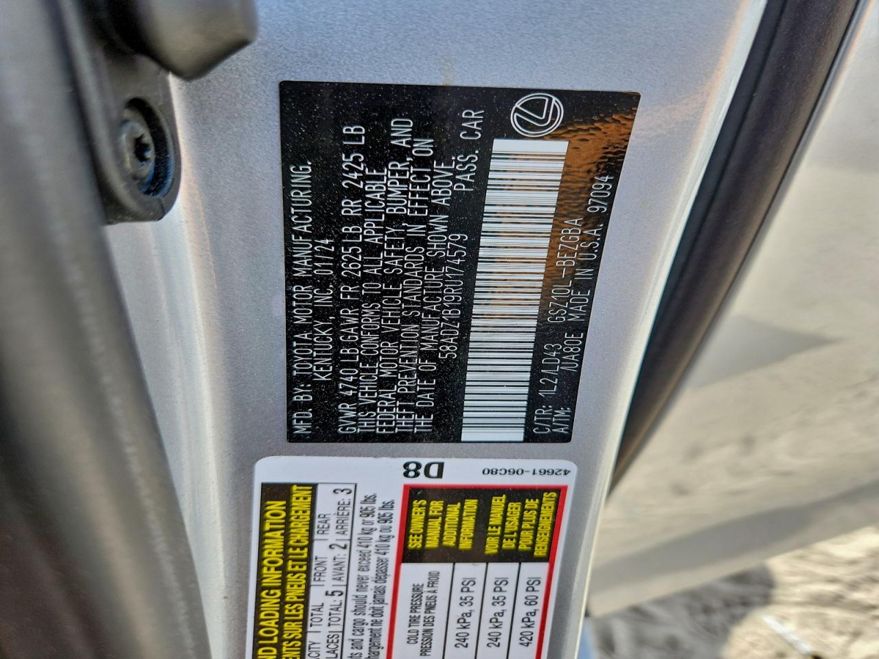 2024 Lexus Es 350 Base VIN: 58ADZ1B19RU174579 Lot: 94056565