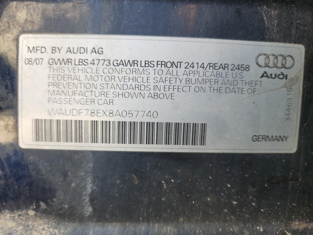 2008 Audi A4 2.0T Quattro VIN: WAUDF78EX8A057740 Lot: 91416725