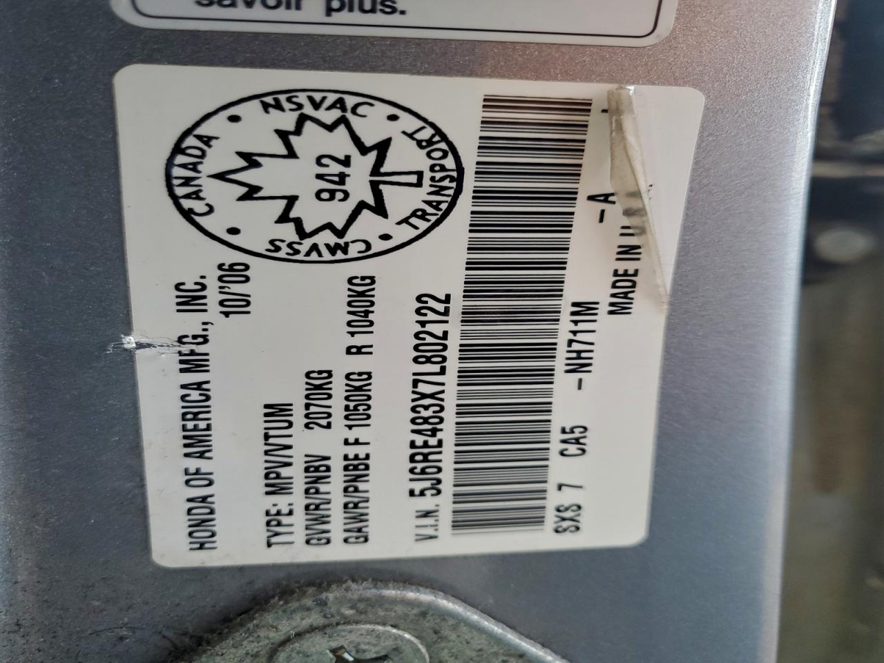 2007 Honda Cr-V Lx VIN: 5J6RE483X7L802122 Lot: 93376075