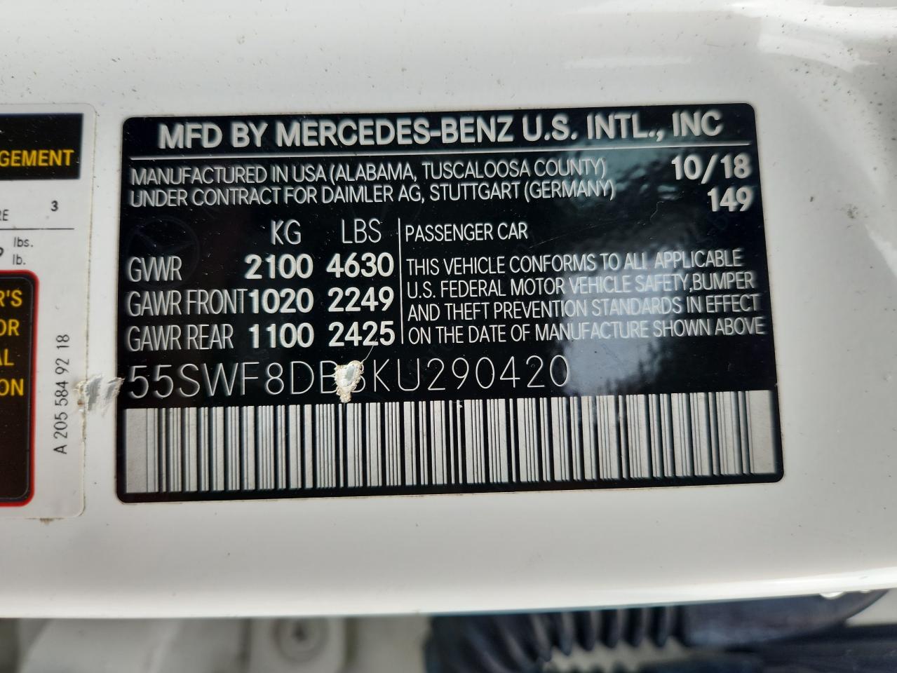 2019 Mercedes-Benz C 300 VIN: 55SWF8DB3KU290420 Lot: 92498535