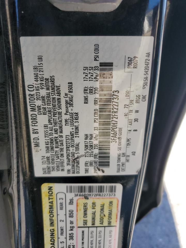 2015 Ford Fusion Se VIN: 3FA6P0H72FR227373 Lot: 91030285