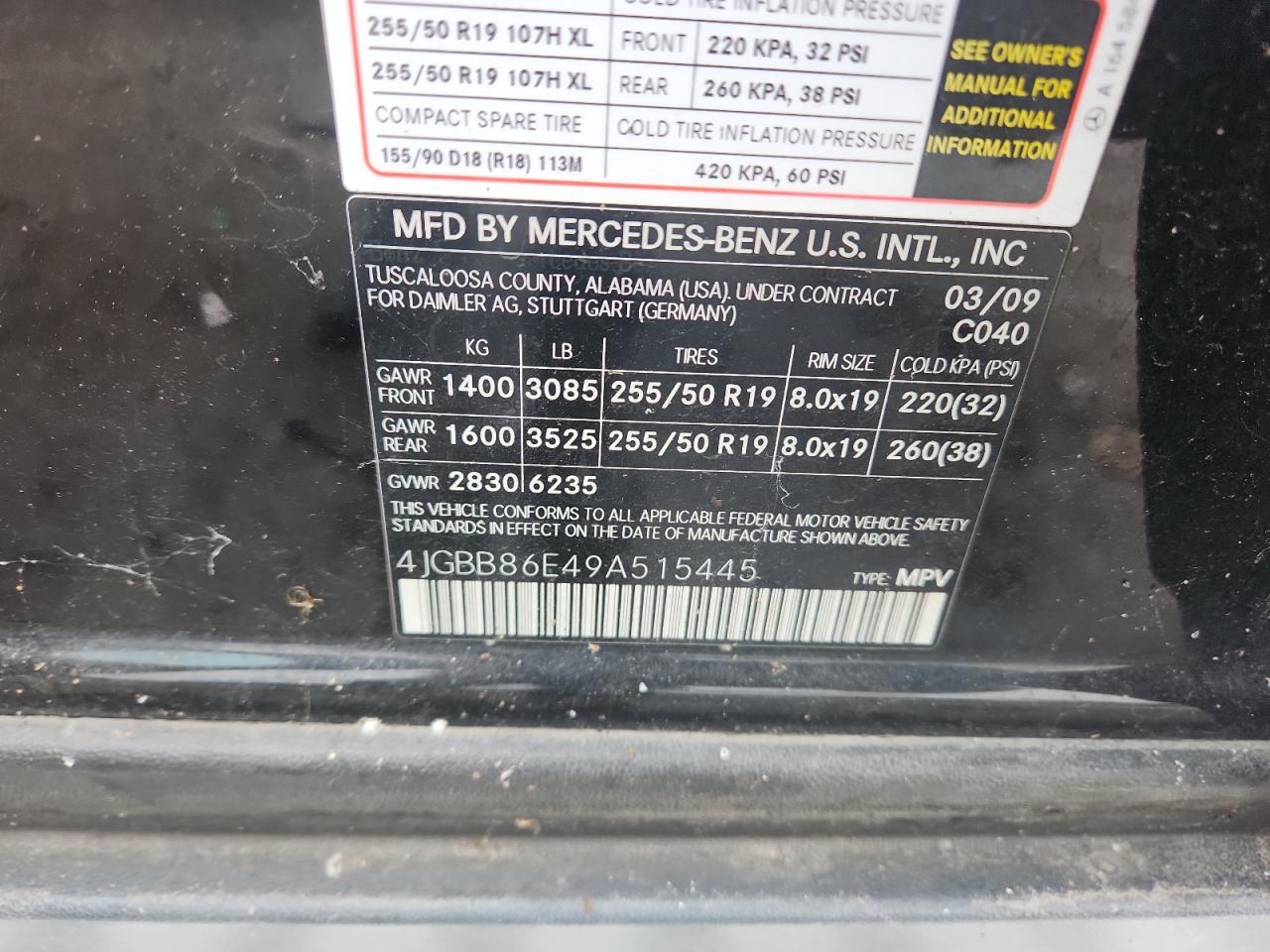 2009 Mercedes-Benz Ml 350 VIN: 4JGBB86E49A515445 Lot: 93636795