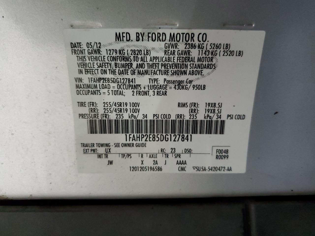 2013 Ford Taurus Sel VIN: 1FAHP2E85DG127841 Lot: 93433755