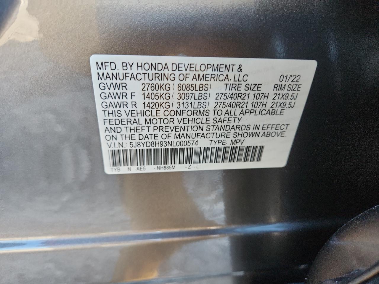 2022 Acura Mdx Type S VIN: 5J8YD8H93NL000574 Lot: 92450475