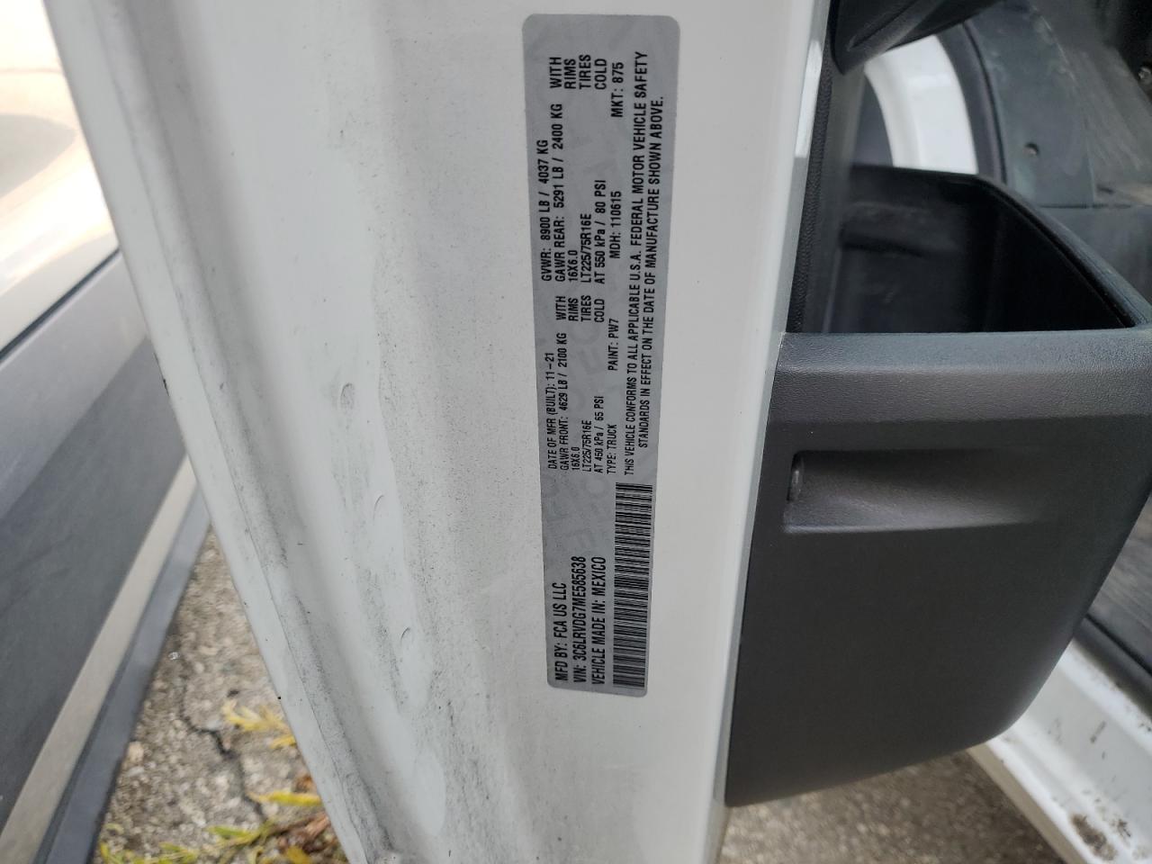 2021 Ram Promaster2500 Delivery Van VIN: 3C6LRVDG7ME585638 Lot: 90694245