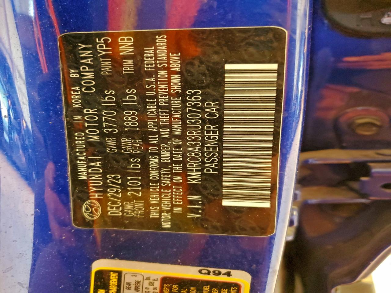 2024 Hyundai Venue Sel VIN: KMHRC8A33RU307363 Lot: 94666425