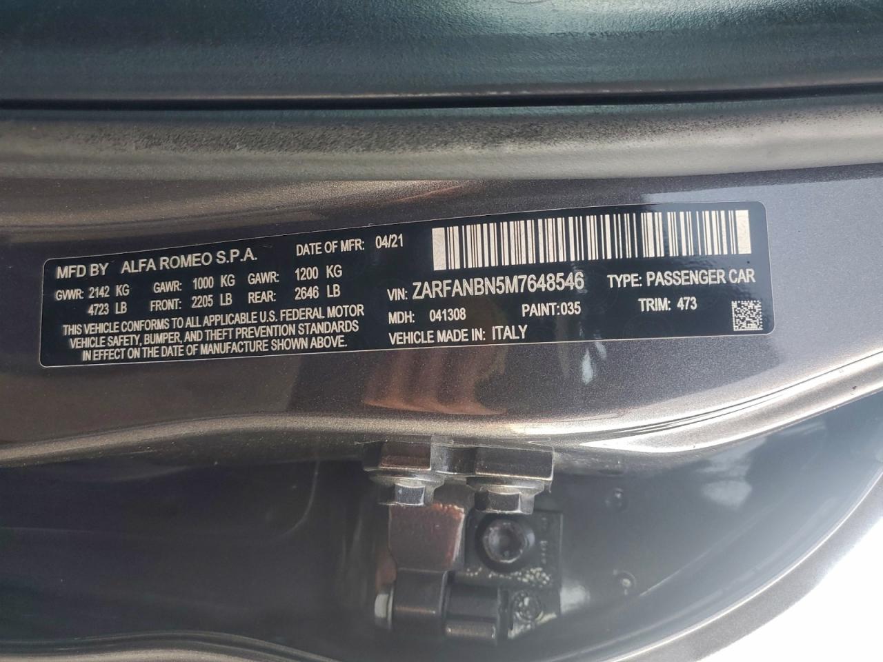 2021 Alfa Romeo Giulia Ti VIN: ZARFANBN5M7648546 Lot: 93863925
