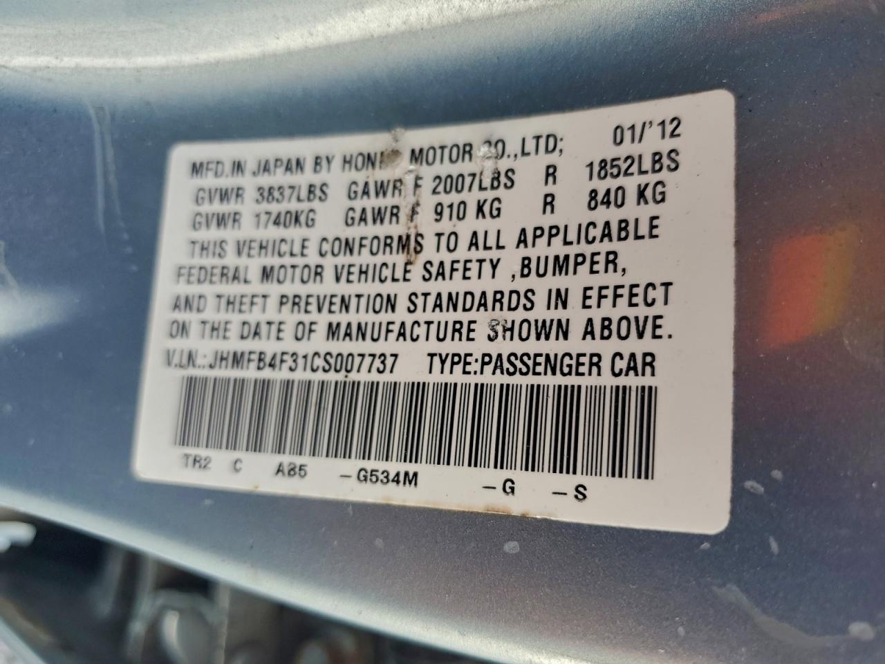 2012 Honda Civic Hybrid L VIN: JHMFB4F31CS007737 Lot: 94867505