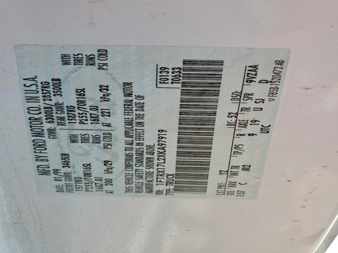 1999 Ford F150 VIN: 1FTRX17L2XKA97919 Lot: 93870265