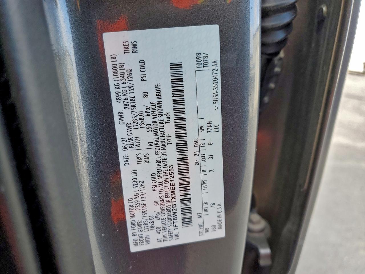 2021 Ford F250 Super Duty VIN: 1FT8W2BTXMEE12553 Lot: 93552695