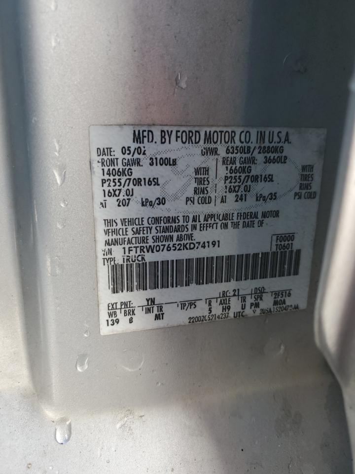 2002 Ford F150 Supercrew VIN: 1FTRW07652KD74191 Lot: 91187195