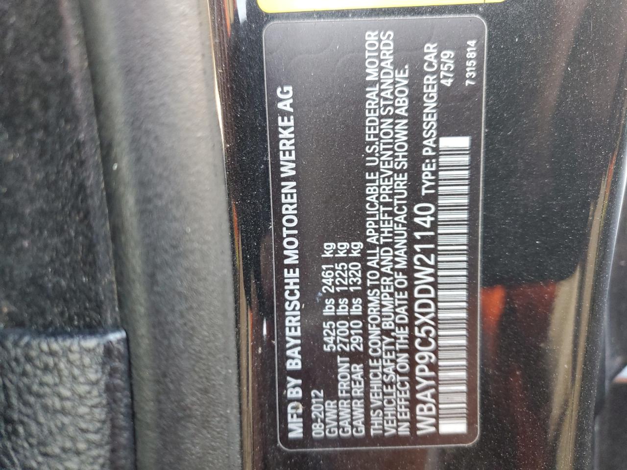 2013 BMW 650 I VIN: WBAYP9C5XDDW21140 Lot: 92715225