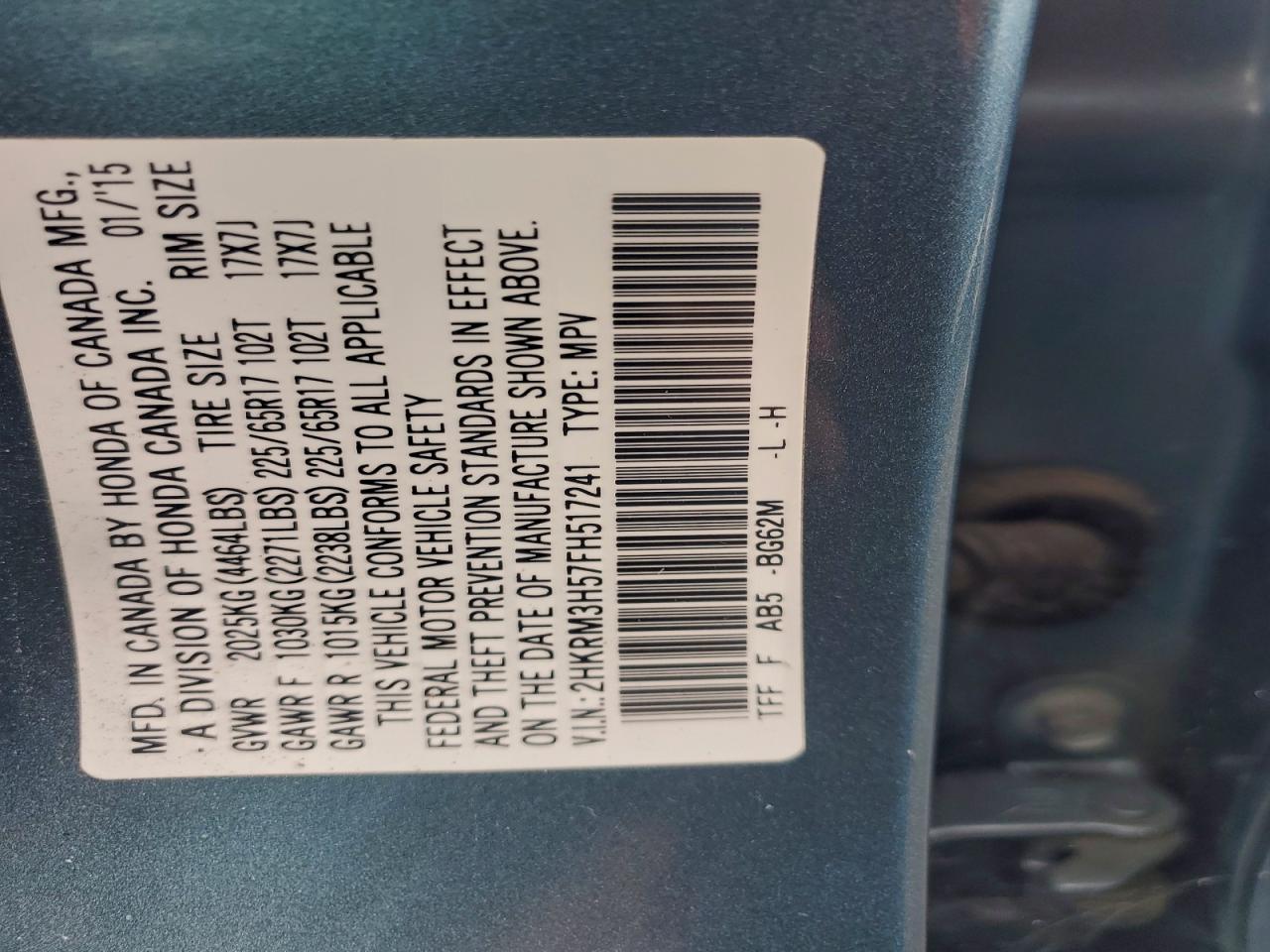 2015 Honda Cr-V Ex VIN: 2HKRM3H57FH517241 Lot: 94086195