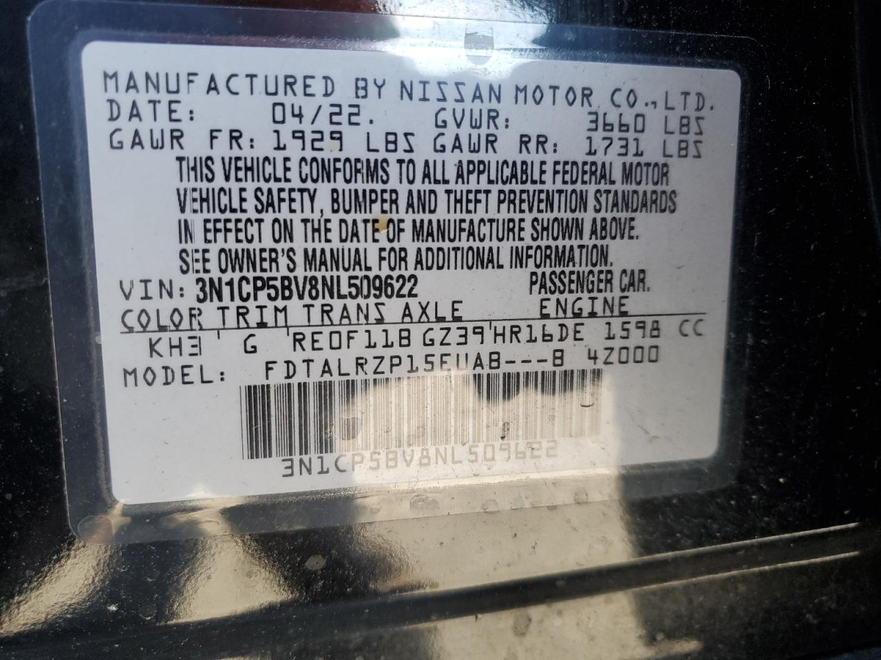 2022 Nissan Kicks S VIN: 3N1CP5BV8NL509622 Lot: 92896065