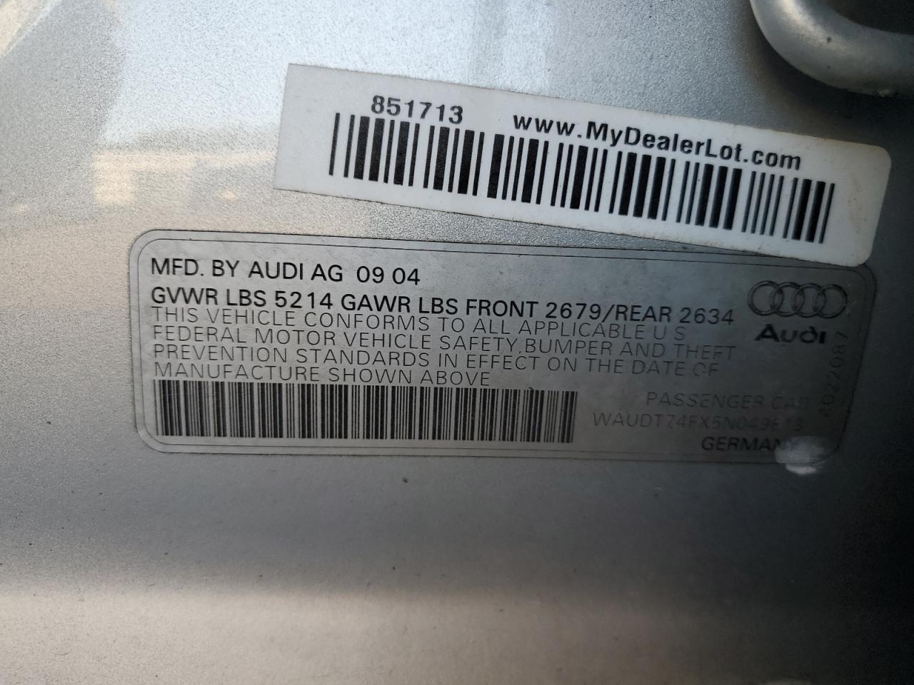 2005 Audi A6 3.2 Quattro VIN: WAUDT74FX5N049813 Lot: 93858815