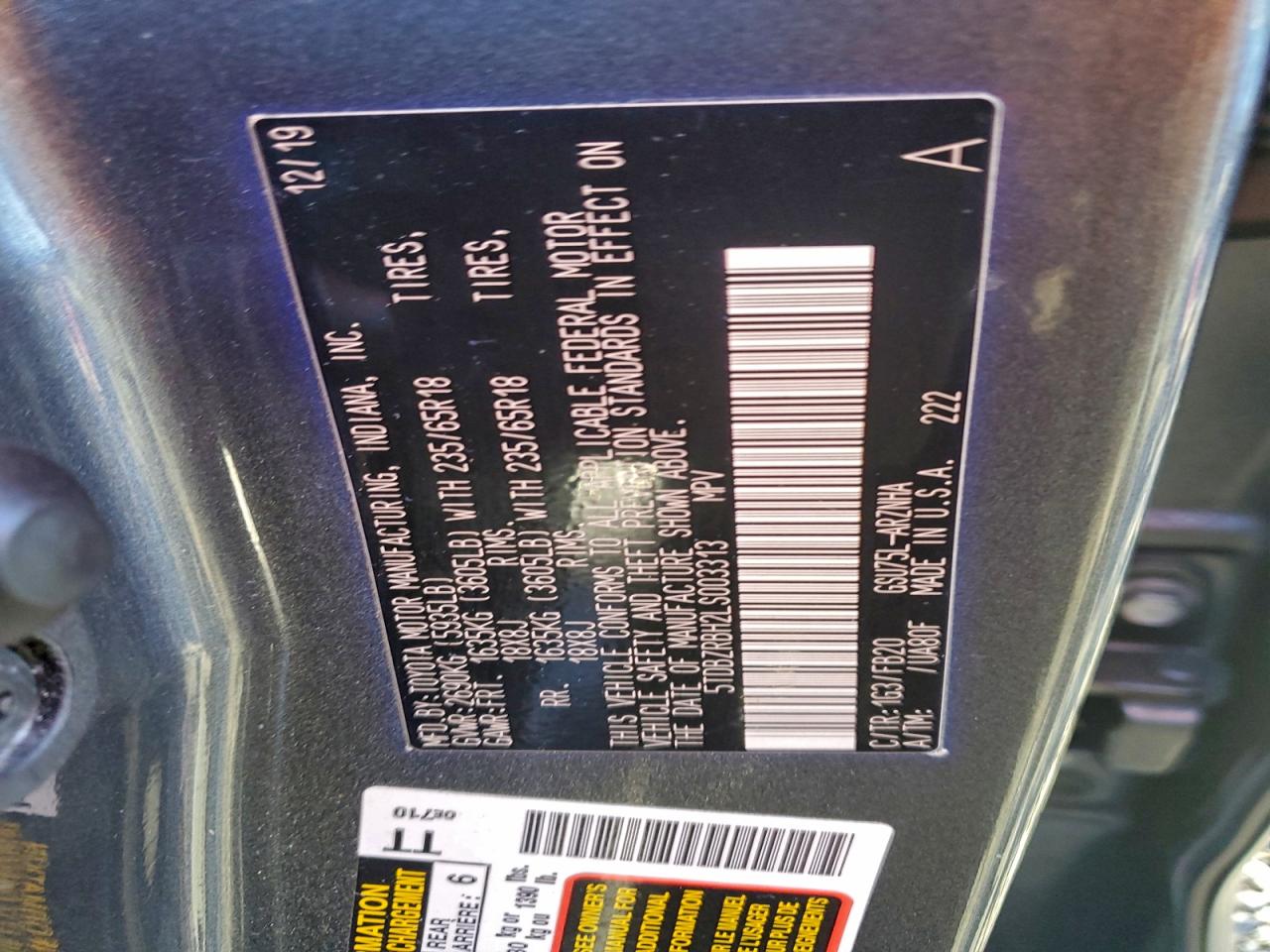 2020 Toyota Highlander L VIN: 5TDBZRBH2LS003313 Lot: 92896705