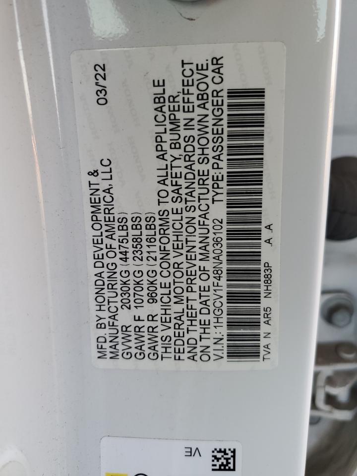 2022 Honda Accord Sport Se VIN: 1HGCV1F48NA036102 Lot: 93136435